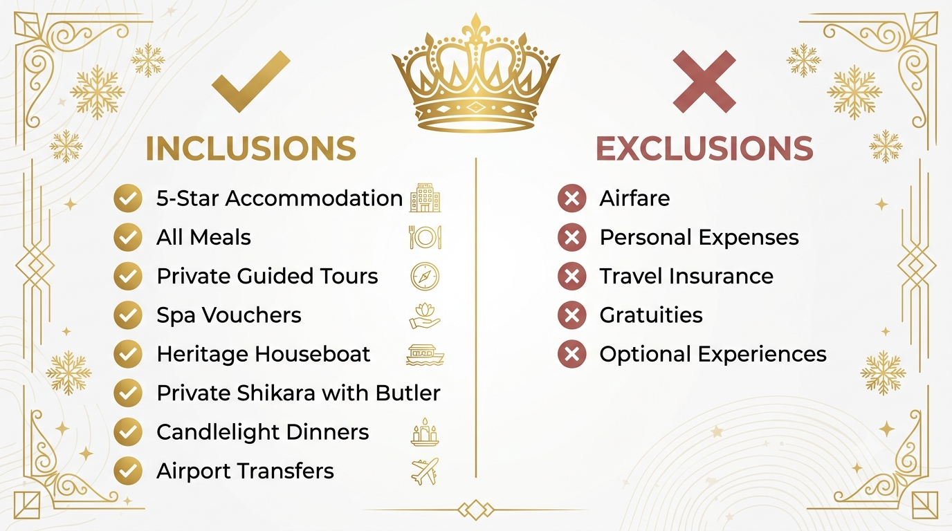 Inclusions and exclusions infographic for Kashmir luxury honeymoon tour by Nature Connect Travels