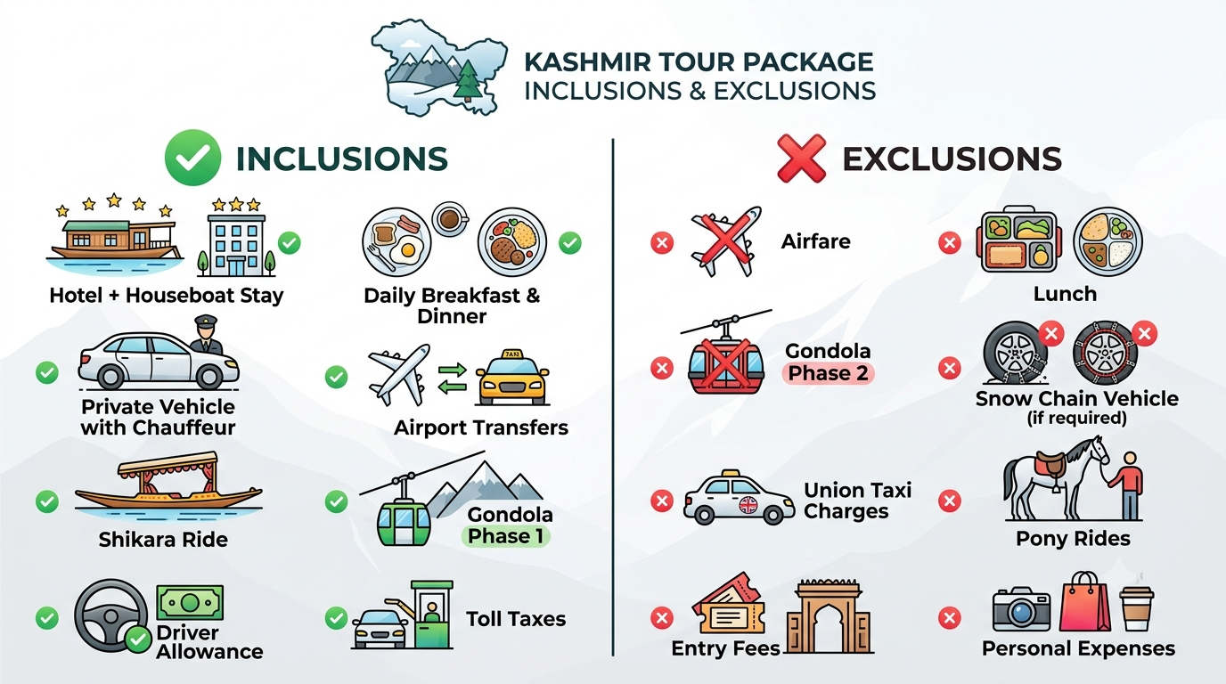 Inclusions and exclusions infographic for Kashmir package 2026 by Nature Connect Travels