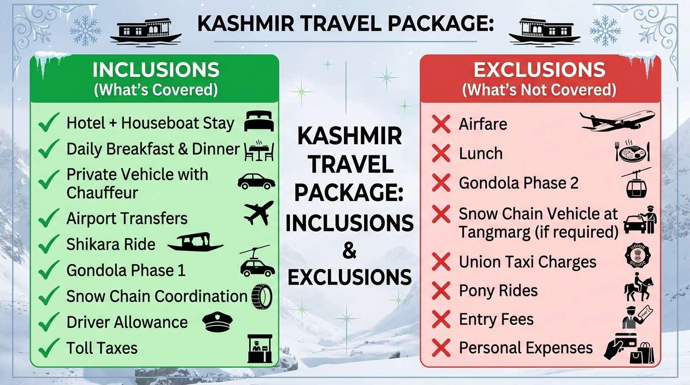 Inclusions and exclusions infographic for Kashmir package in January 2026 by Nature Connect Travels