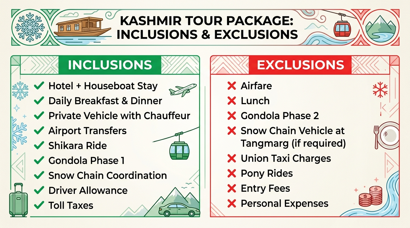 Kashmir Packages in December 2026 | Nature Connect ₹15,500+ 10 Inclusions and exclusions infographic for Kashmir packages in December 2026 by Nature Connect Travels