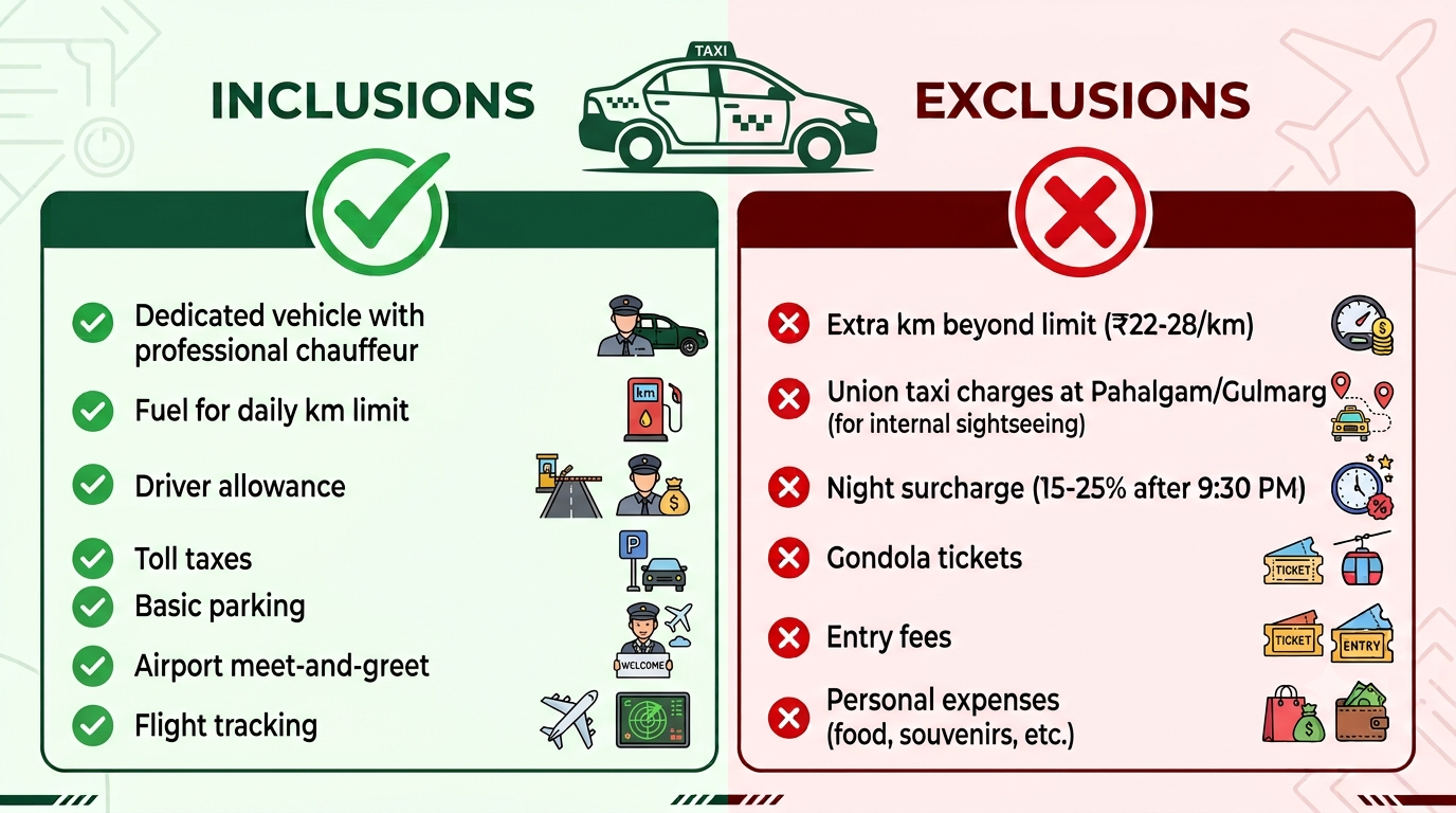 Kashmir Private Taxi with Driver Package 2026 | ₹2,500+ Nature Connect Travels 10 Inclusions and exclusions infographic for Kashmir private taxi with driver package by Nature Connect Travels