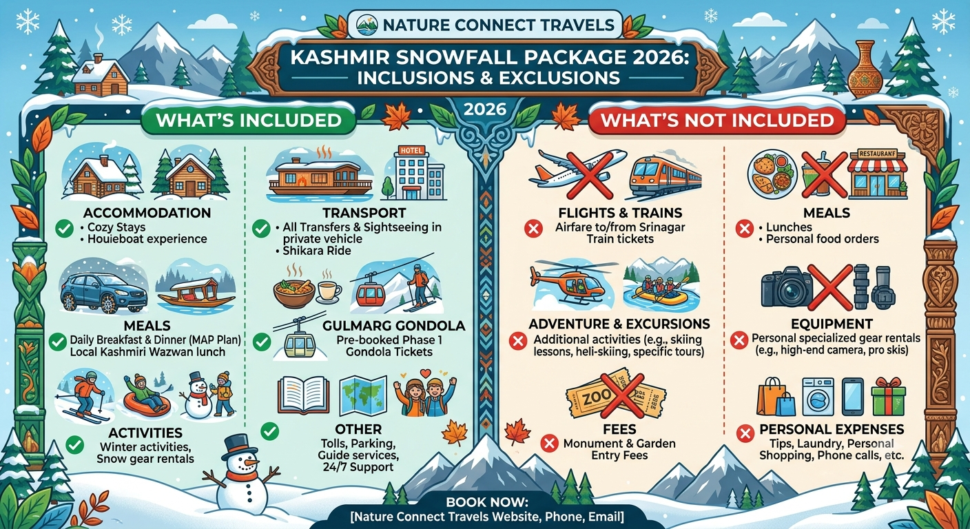 Inclusions and exclusions infographic for Kashmir snowfall package 2026 by Nature Connect Travels