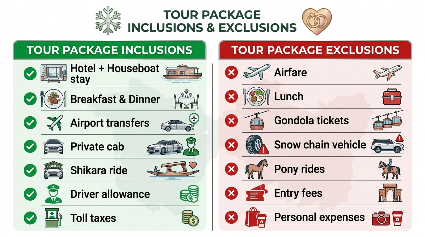Kashmir Snowfall Packages for Couples 2026 | ₹12,199+ 8 Inclusions and exclusions infographic for Kashmir snowfall packages for couples