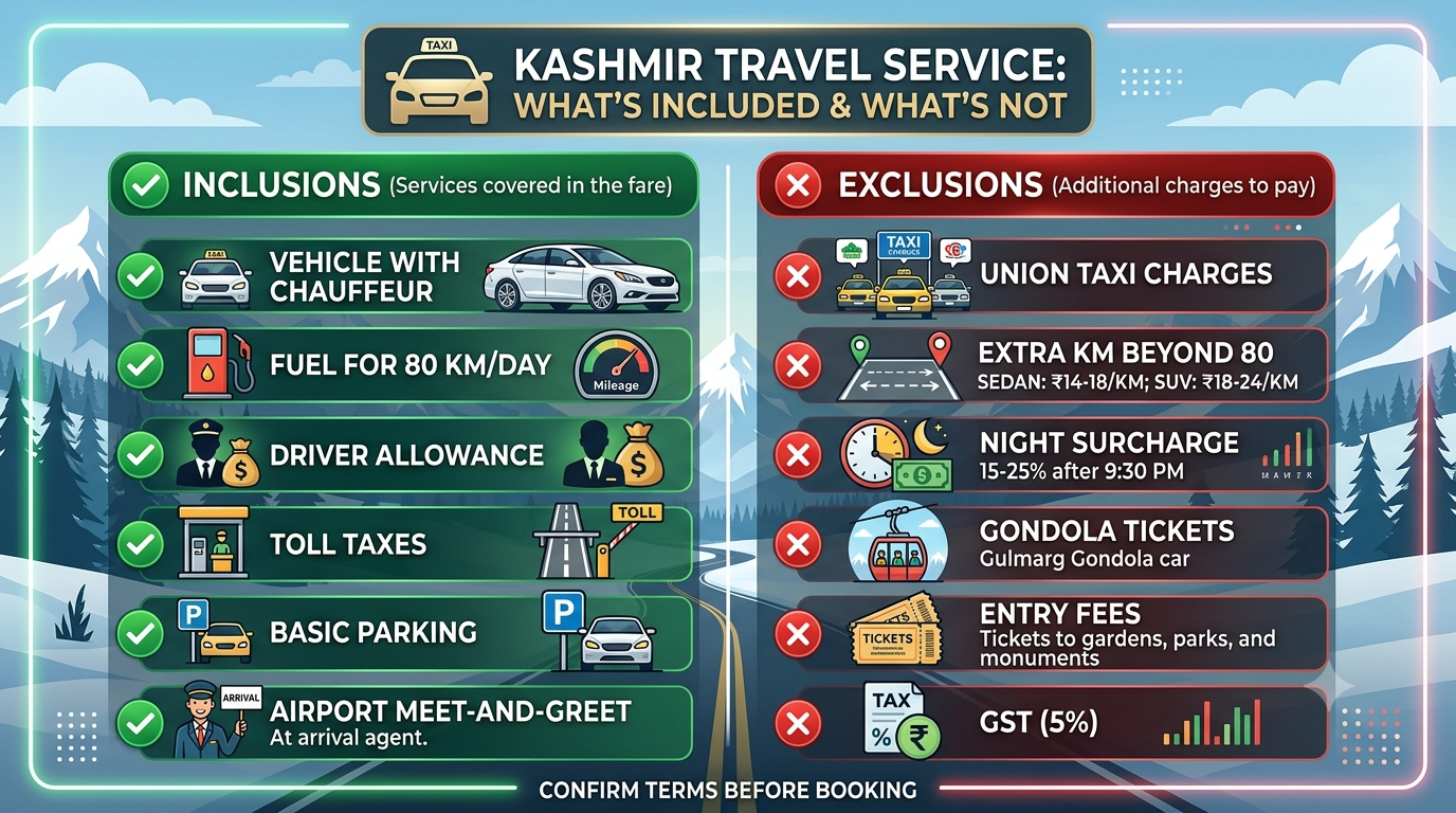 Kashmir Taxi Fare Guide 2026 | Nature Connect ₹2,200/Day 11 Inclusions and exclusions infographic for Kashmir taxi fare guide by Nature Connect Travels