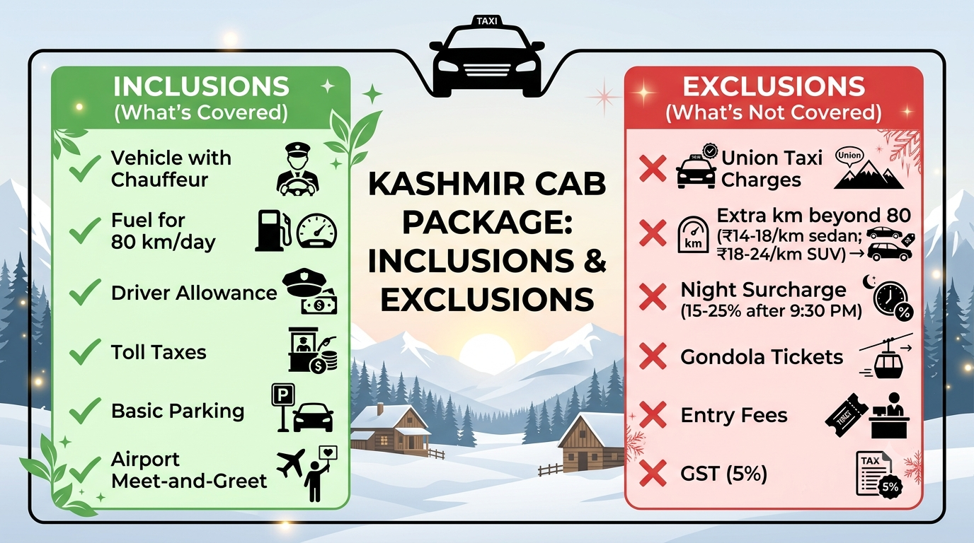 Inclusions and exclusions infographic for Kashmir taxi rate list by Nature Connect Travels