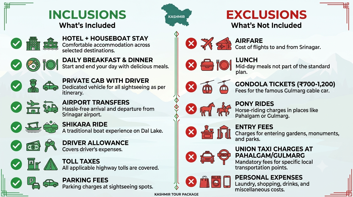 Inclusions and exclusions infographic for Kashmir tour package cost by Nature Connect Travels