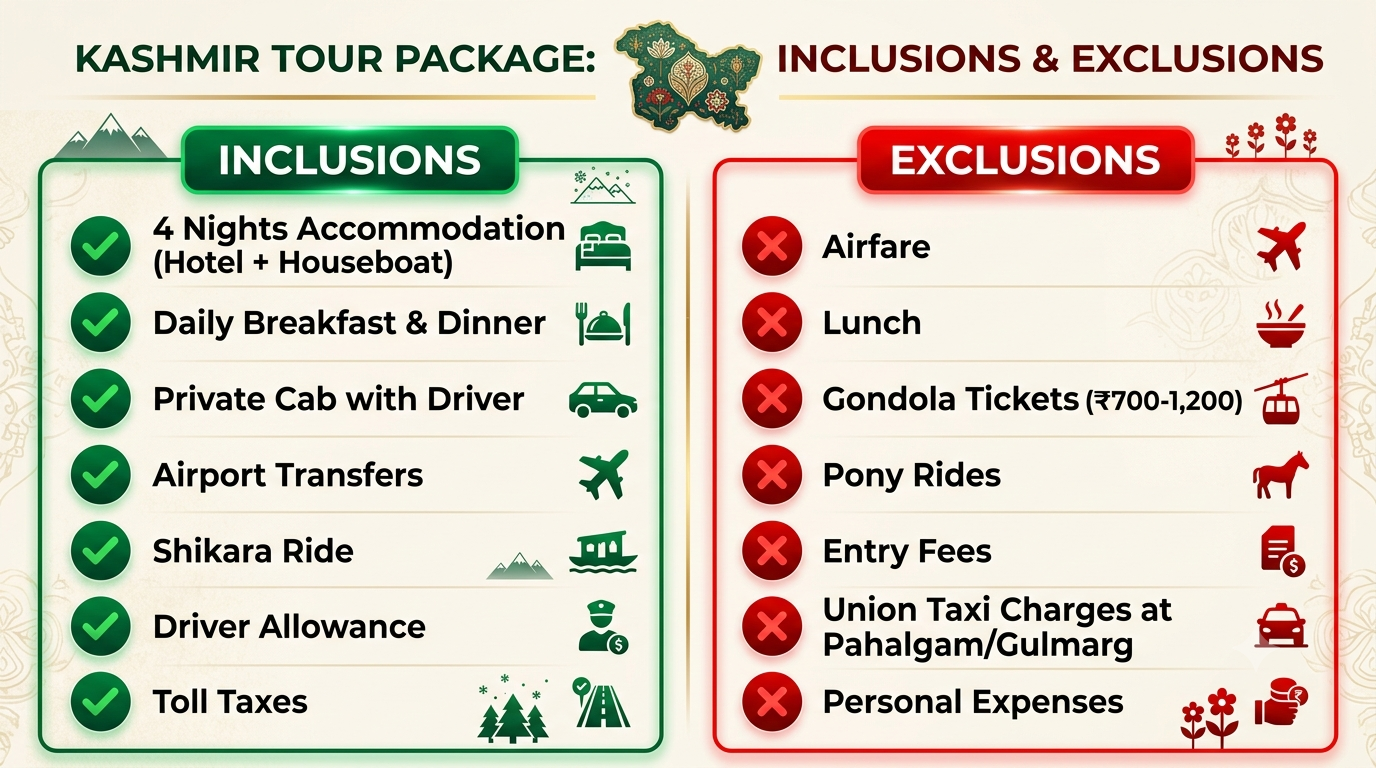 Inclusions and exclusions infographic for Kashmir tour package for 5 days by Nature Connect Travels