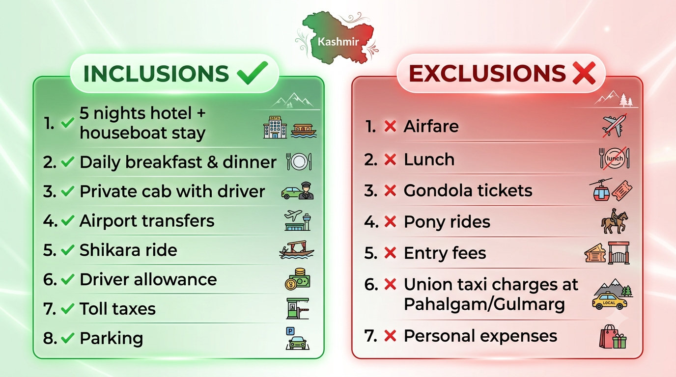 Inclusions and exclusions infographic for Kashmir tour plan by Nature Connect Travels