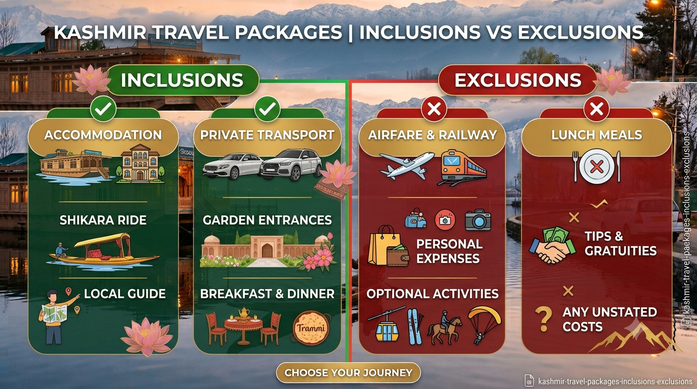 Inclusions and exclusions infographic for Kashmir travel packages 2026 by Nature Connect Travels