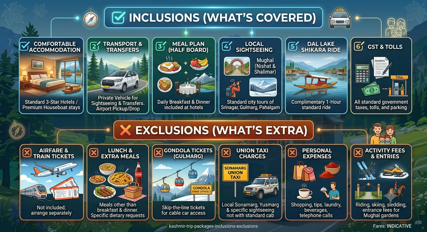 Kashmir Trip Packages 2026 | Nature Connect Travels ₹12,600+ 10 Inclusions and exclusions infographic for Kashmir trip packages 2026 by Nature Connect Travels