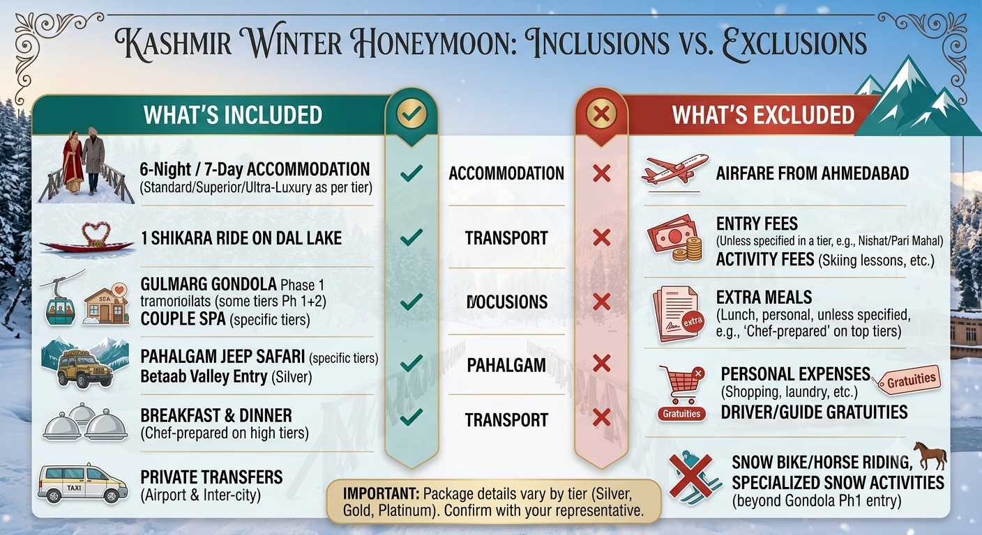Kashmir Winter Honeymoon Package from Ahmedabad Gujarat | Nature Connect 10 Inclusions and exclusions infographic for Kashmir winter honeymoon package from Ahmedabad by Nature Connect Travels
