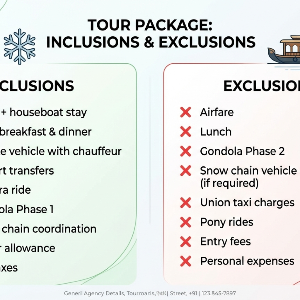 Inclusions and exclusions infographic for Kashmir winter package 2026 by Nature Connect Travels