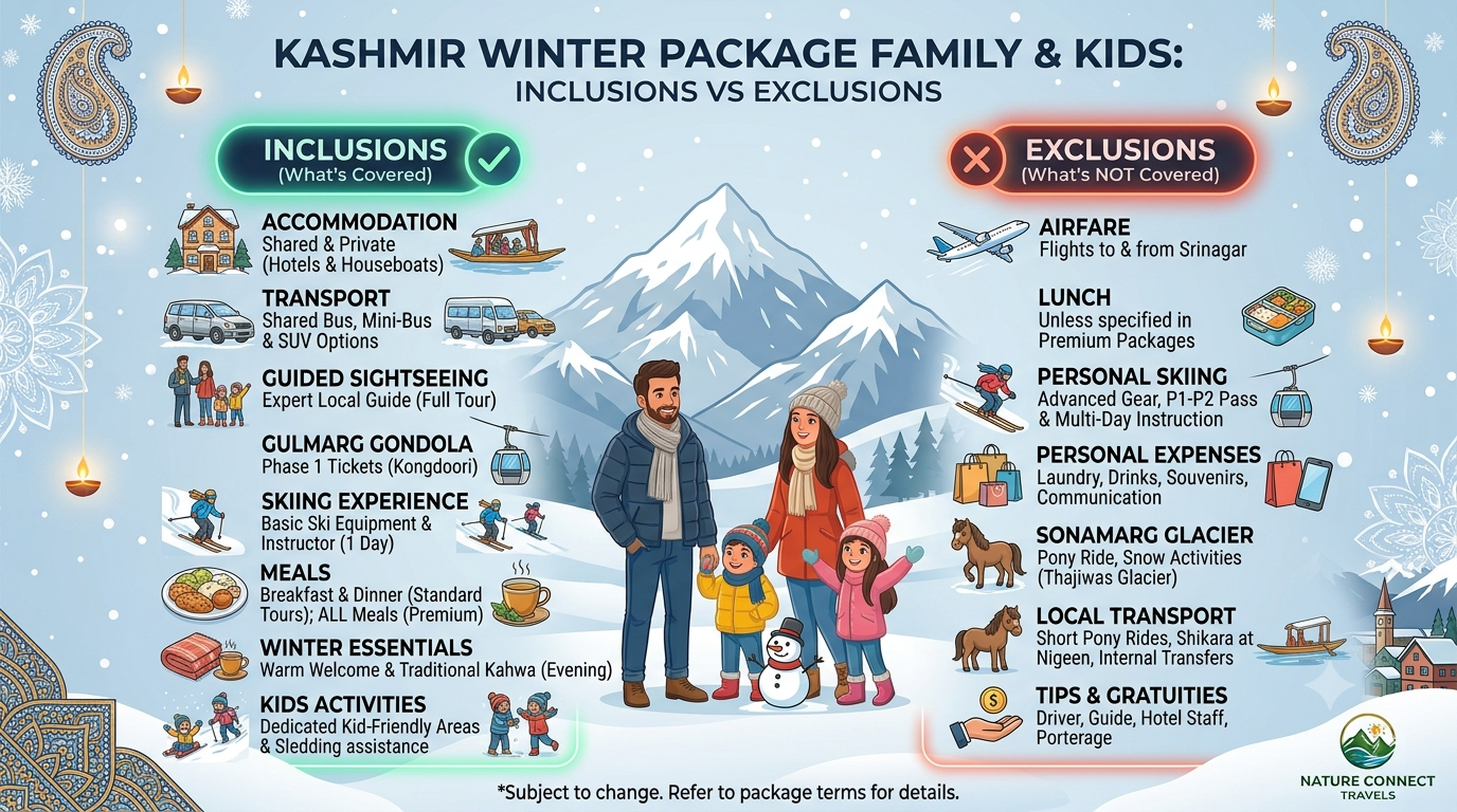 Inclusions and exclusions infographic for Kashmir winter package for family with kids 2026 by Nature Connect Travels