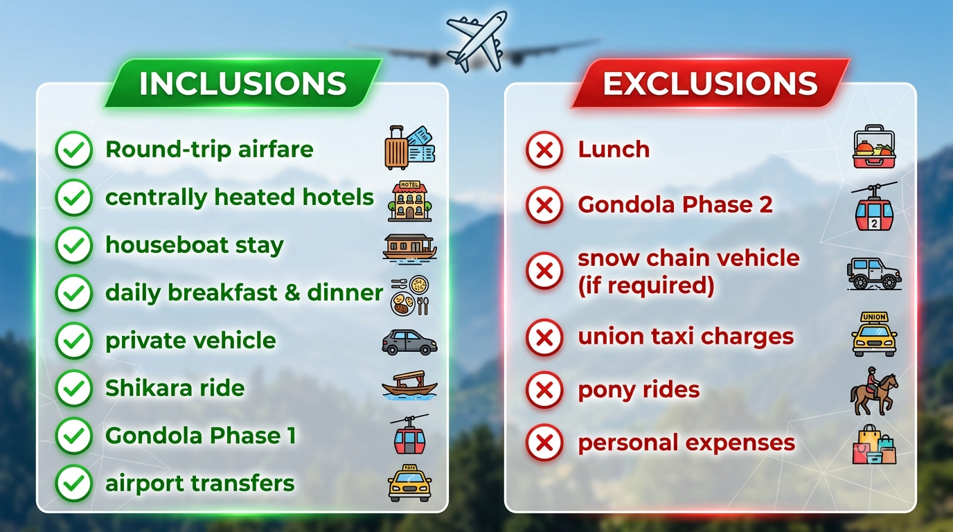 Kashmir Winter Package with Flight 2026 | ₹29,400+ All-Inc 10 Inclusions and exclusions infographic for Kashmir winter package with flight 2026