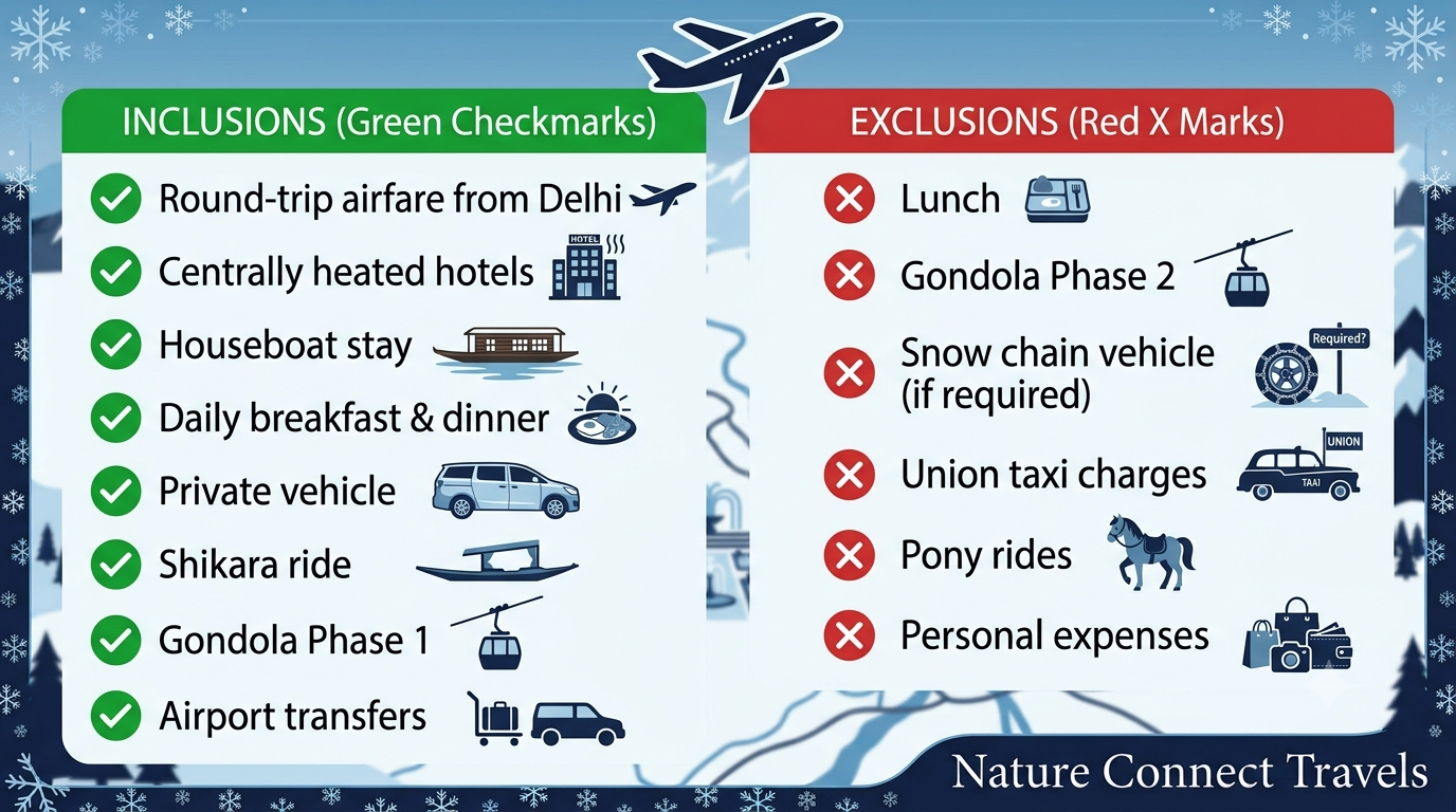 Kashmir Winter Packages from Delhi 2026 | ₹29,400+ All-Inc 10 Inclusions and exclusions infographic for Kashmir winter packages from Delhi 2026