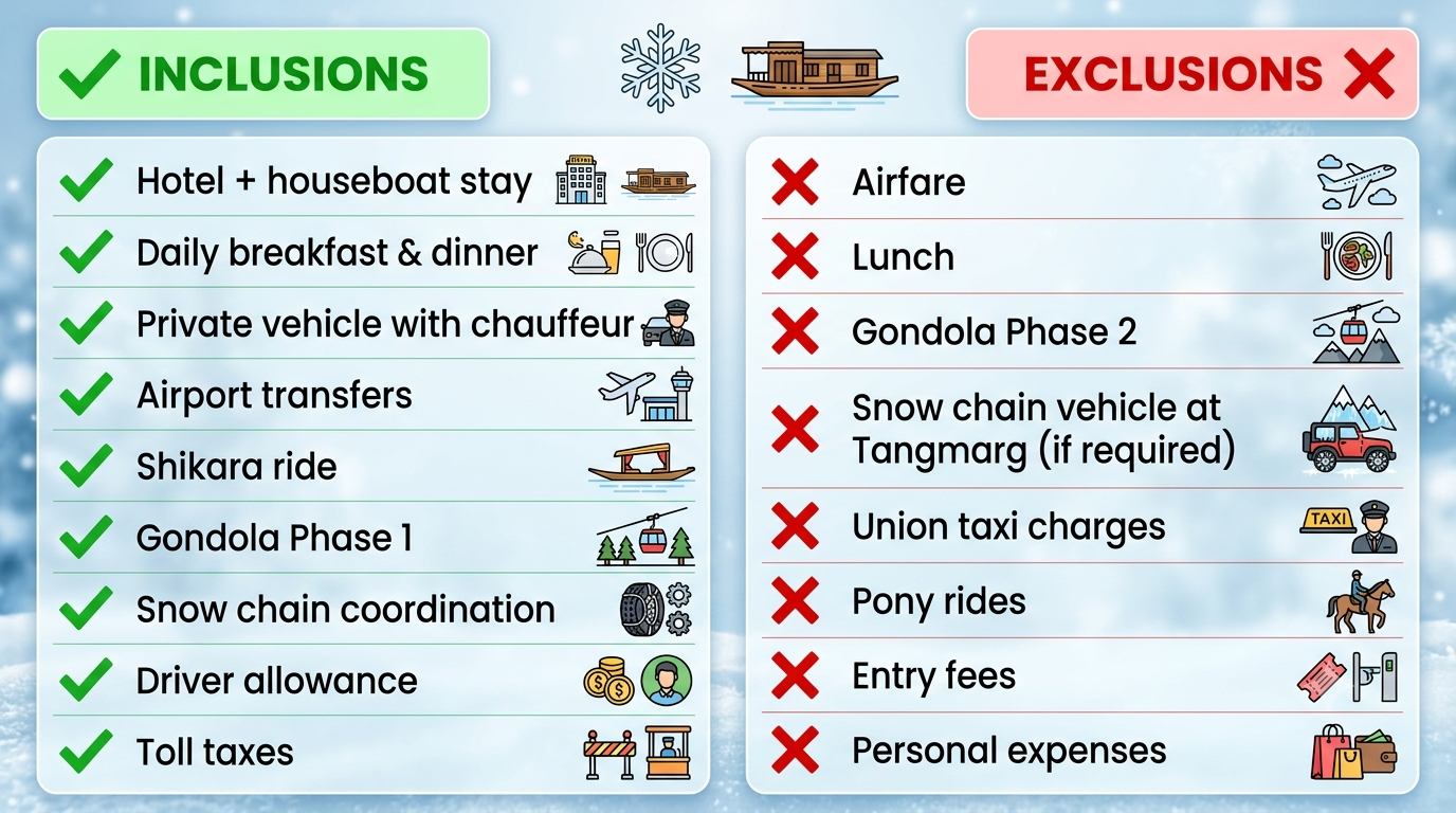 Kashmir Winter Tour 2026 | Nature Connect Travels ₹12,199+ 10 Inclusions and exclusions infographic for Kashmir winter tour 2026 by Nature Connect Travels