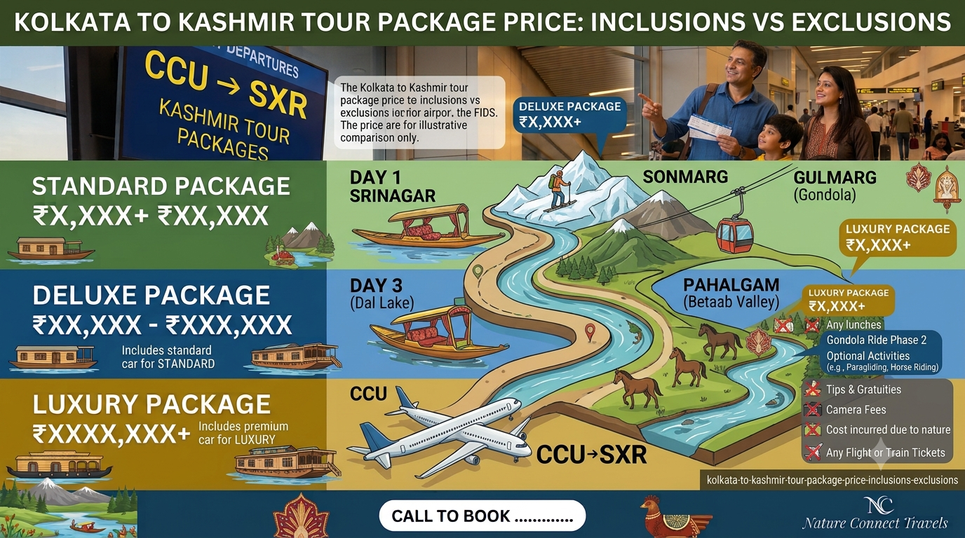Inclusions and exclusions infographic for Kolkata to Kashmir tour package price 2026 by Nature Connect Travels
