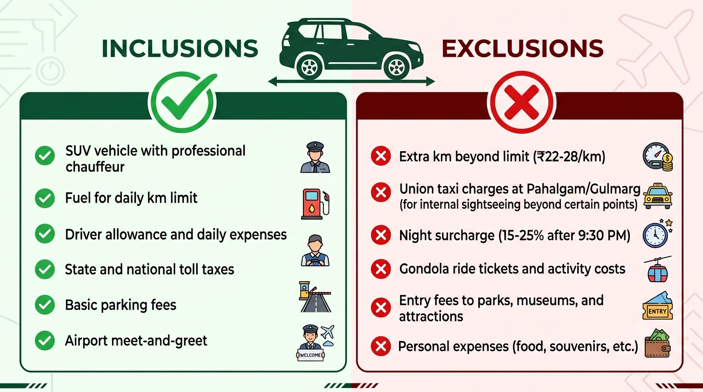 SUV Rental in Kashmir 2026 | Nature Connect Travels ₹3,000+ 10 Inclusions and exclusions infographic for SUV rental in Kashmir with Nature Connect Travels