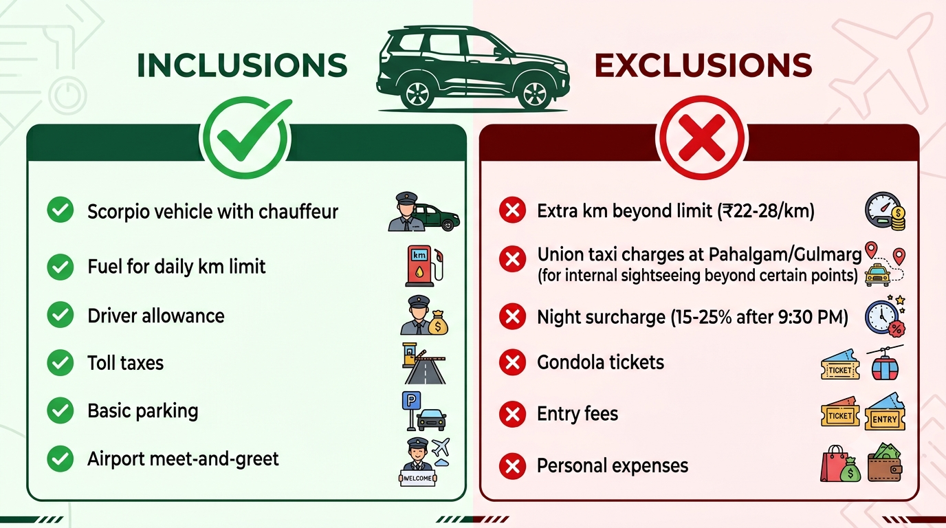 Scorpio Cab Rental Kashmir 2026 | Nature Connect ₹4,500+ 11 Inclusions and exclusions infographic for Scorpio cab rental Kashmir with Nature Connect Travels