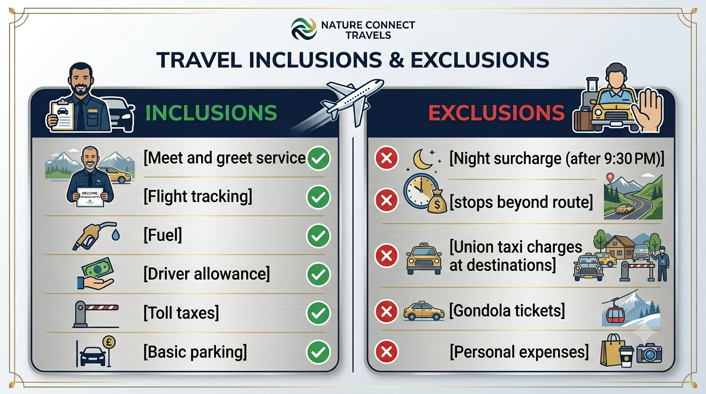 Srinagar Airport Taxi 2026 | Nature Connect Travels ₹2,500+ 12 Inclusions and exclusions infographic for Srinagar airport taxi service with Nature Connect Travels