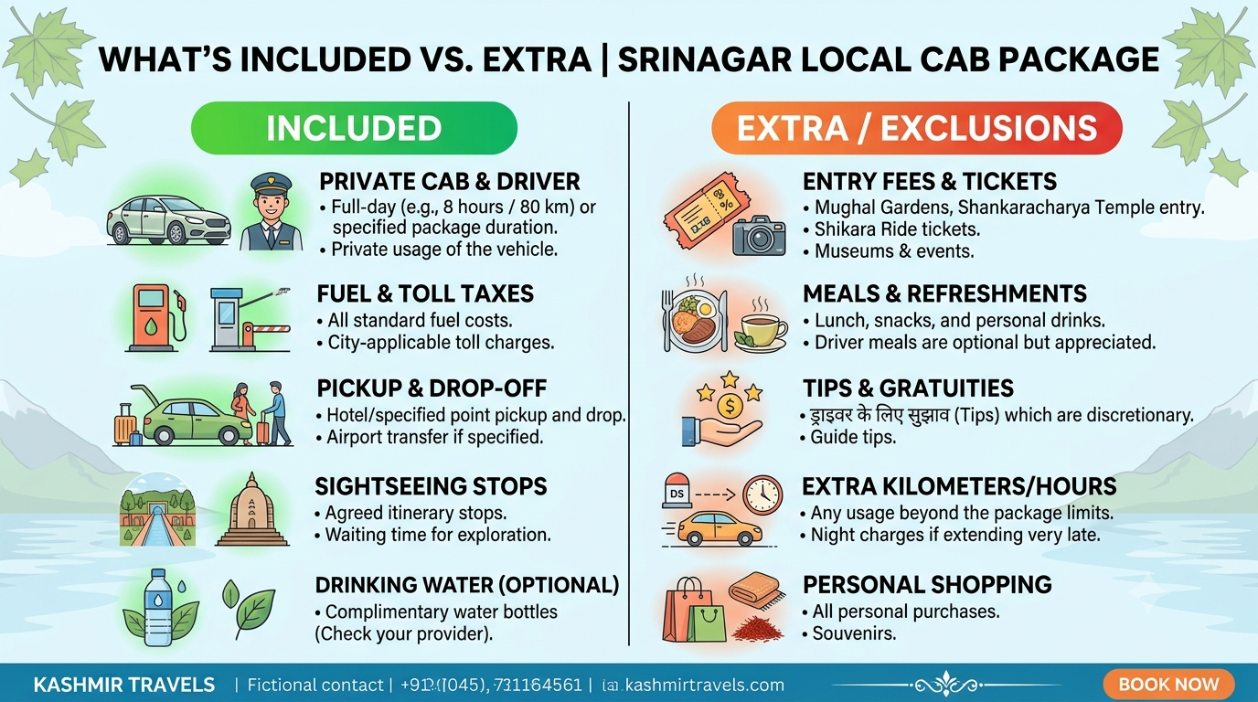 Inclusions and exclusions infographic for Srinagar local cab package by Nature Connect Travels