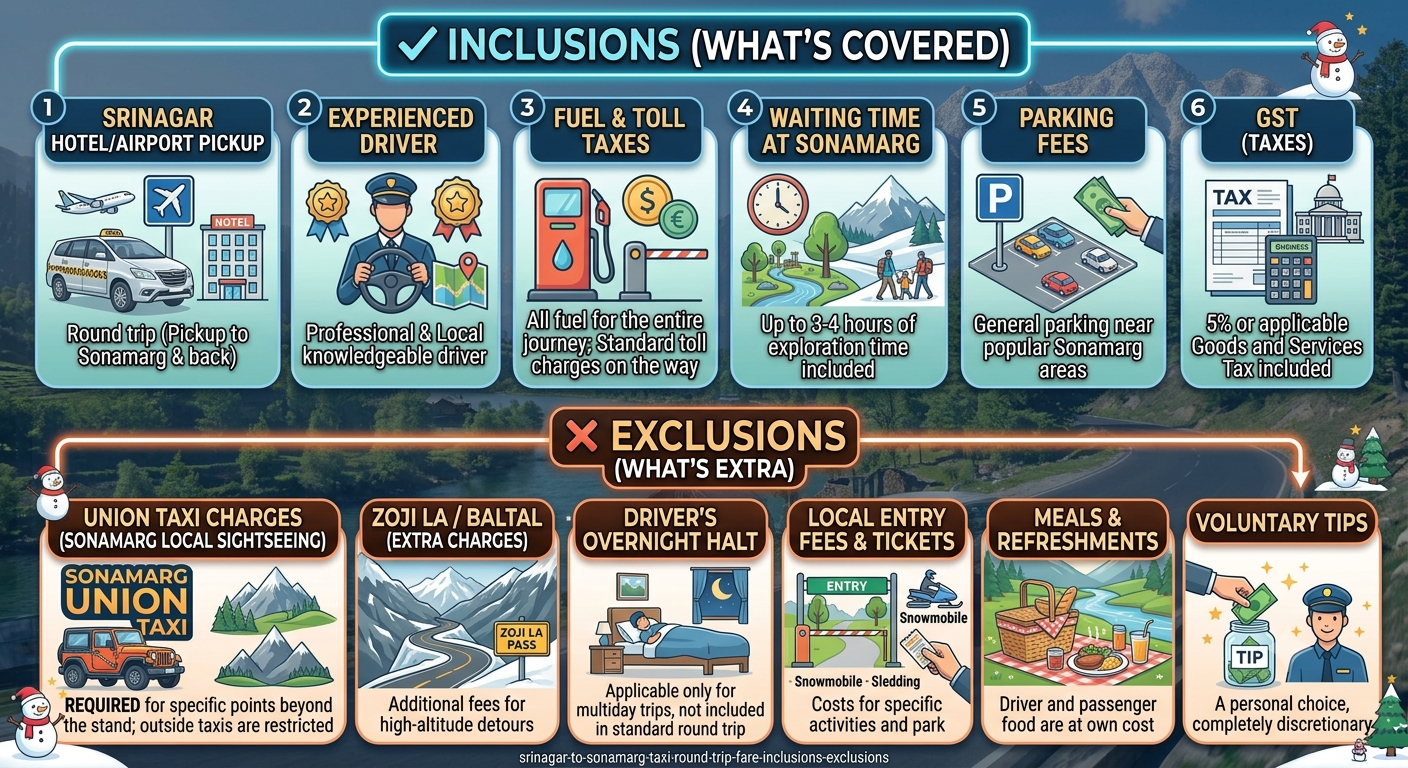 Srinagar to Sonamarg Taxi Round Trip Fare 2026 | Nature Connect 10 Inclusions and exclusions infographic for Srinagar to Sonamarg taxi round trip fare 2026 by Nature Connect Travels