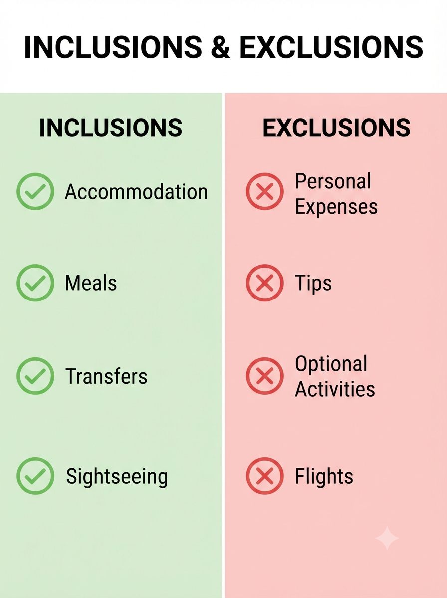 Inclusions and exclusions infographic for Srinagar trip package 2026 by Nature Connect Travels