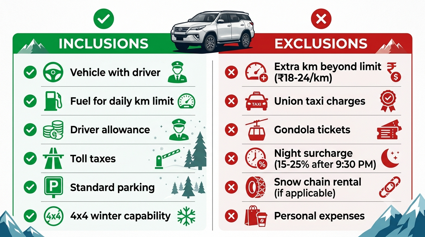 Toyota Fortuner 4x4 Rental Kashmir with Driver 2026 | ₹9,000 10 Inclusions and exclusions infographic for Toyota Fortuner 4x4 rental in Kashmir with driver