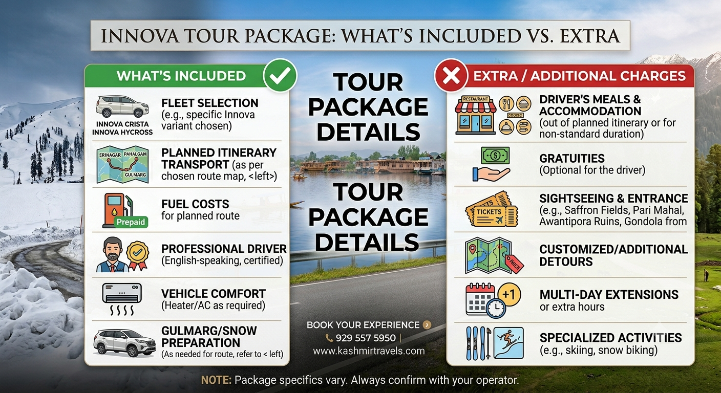 Toyota Innova Hire Srinagar Pahalgam Gulmarg | Nature Connect 10 Inclusions and exclusions infographic for Toyota Innova hire Srinagar to Pahalgam Gulmarg by Nature Connect Travels