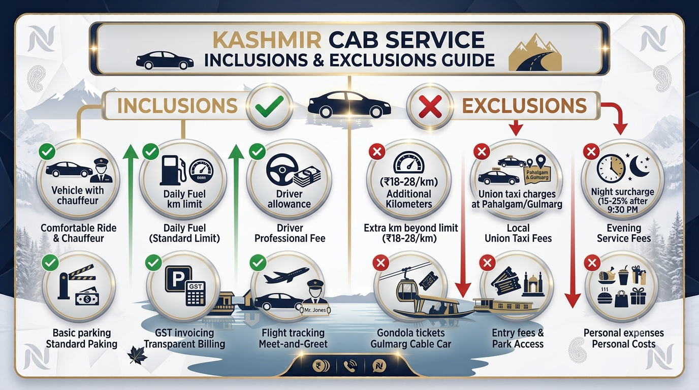Inclusions and exclusions infographic for affordable Kashmir cab service by Nature Connect Travels