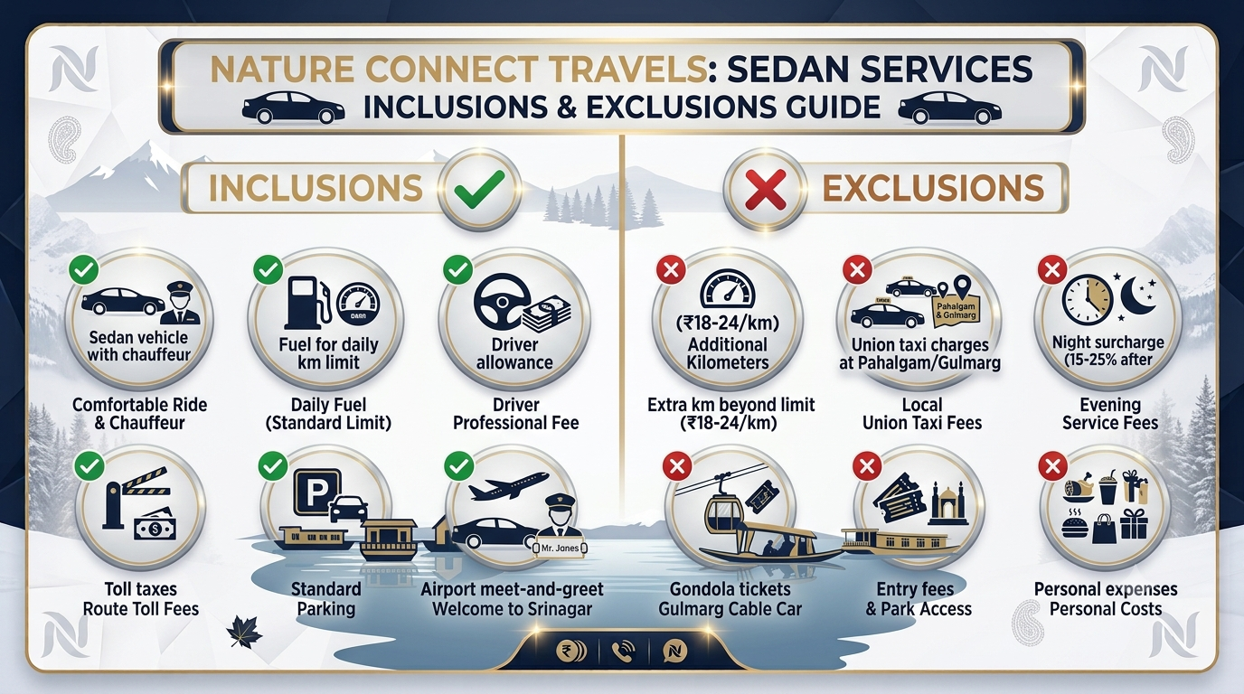 Inclusions and exclusions infographic for booking sedan taxi in Srinagar with Nature Connect Travels