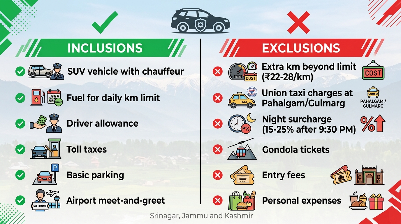 Inclusions and exclusions infographic for hiring SUV in Kashmir with Nature Connect Travels