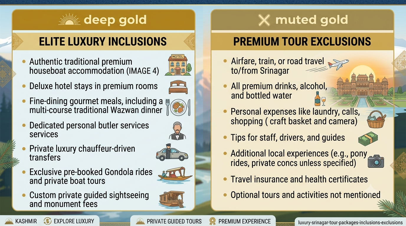 Inclusions and exclusions infographic for luxury Srinagar tour packages 2026 by Nature Connect Travels