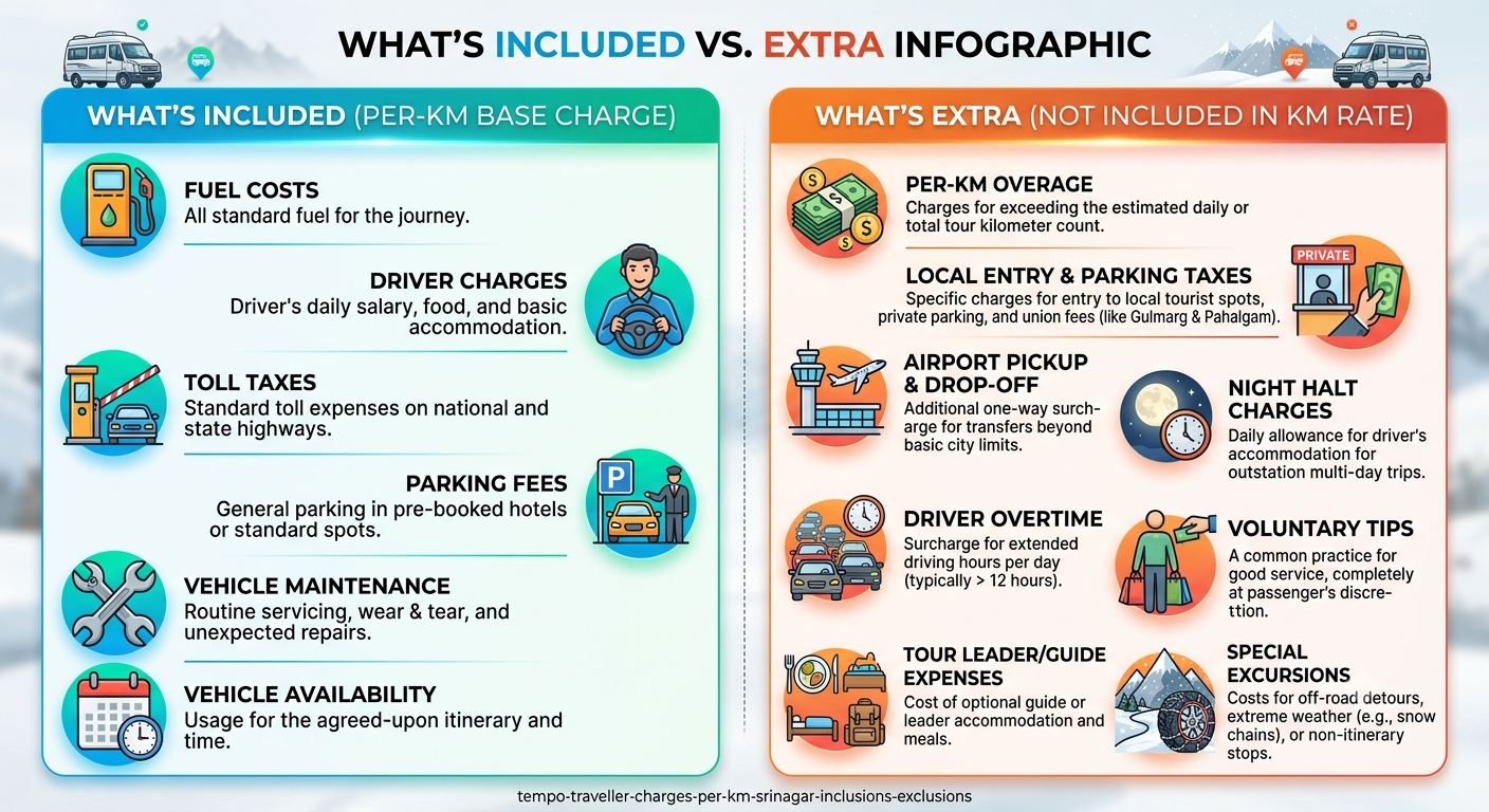 Inclusions and exclusions infographic for tempo traveller charges per km in Srinagar 2026 by Nature Connect Travels