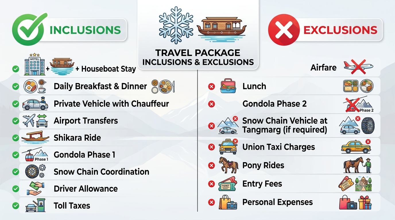 Inclusions and exclusions infographic for winter packages Kashmir 2026 by Nature Connect Travels