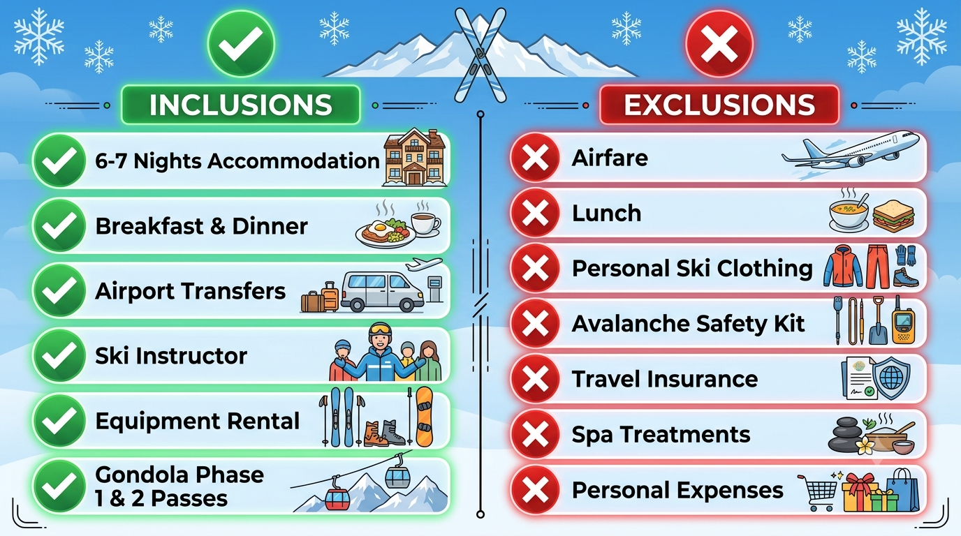 Inclusions and exclusions infographic for winter sports package Gulmarg 2026 by Nature Connect Travels
