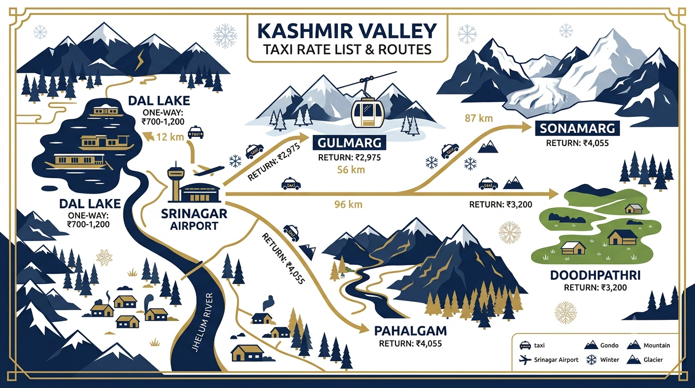 Infographic explaining union taxi charges for Kashmir taxi rate list showing Pahalgam and Sonamarg additional costs