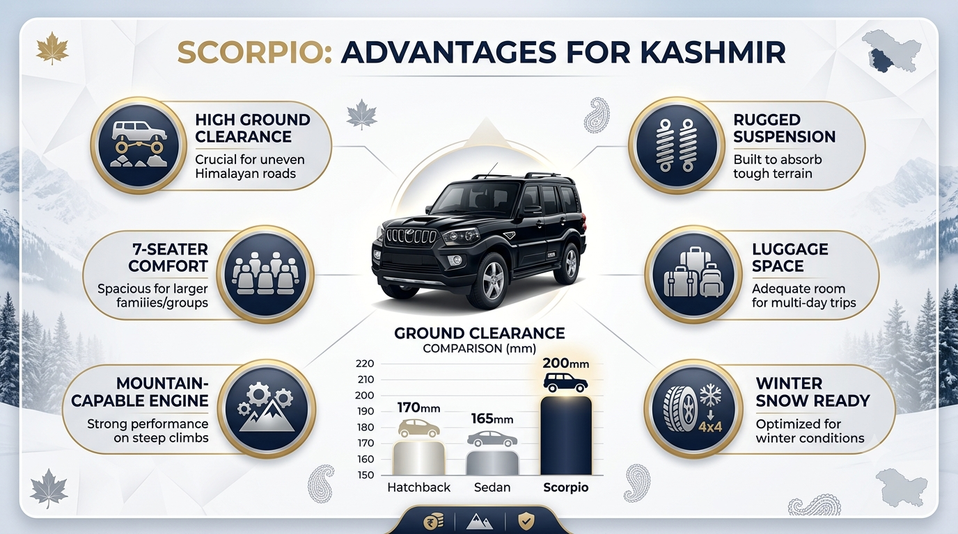 Scorpio Cab Rental Kashmir 2026 | Nature Connect ₹4,500+ 9 Infographic highlighting Scorpio cab rental Kashmir advantages for mountain routes and winter snow travel