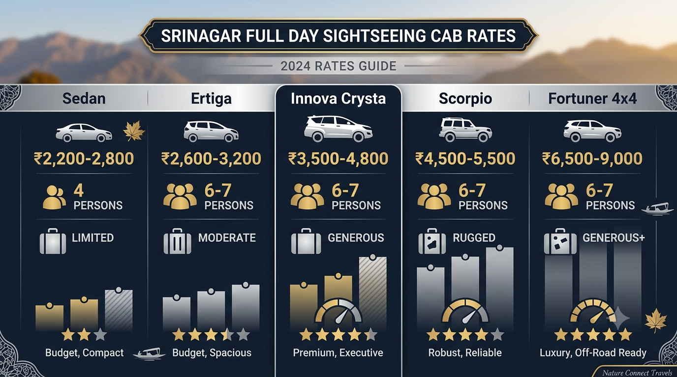 Srinagar Sightseeing Cab Full Day 2026 | Nature Connect ₹2,200+ 8 Infographic of Srinagar attractions covered in full day sightseeing cab tour including Mughal Gardens Dal Lake and Jama Masjid