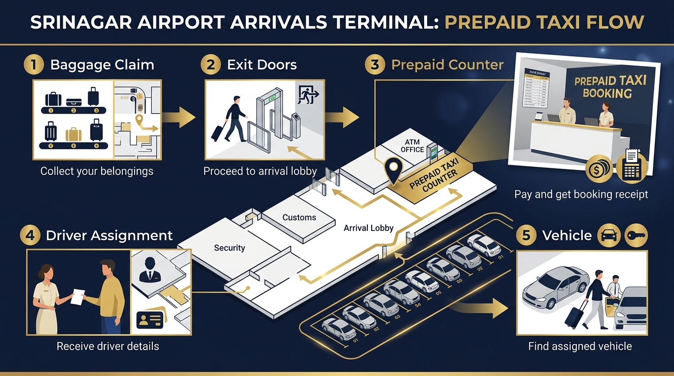 Infographic showing Srinagar airport prepaid taxi counter location in arrivals terminal near ATM office