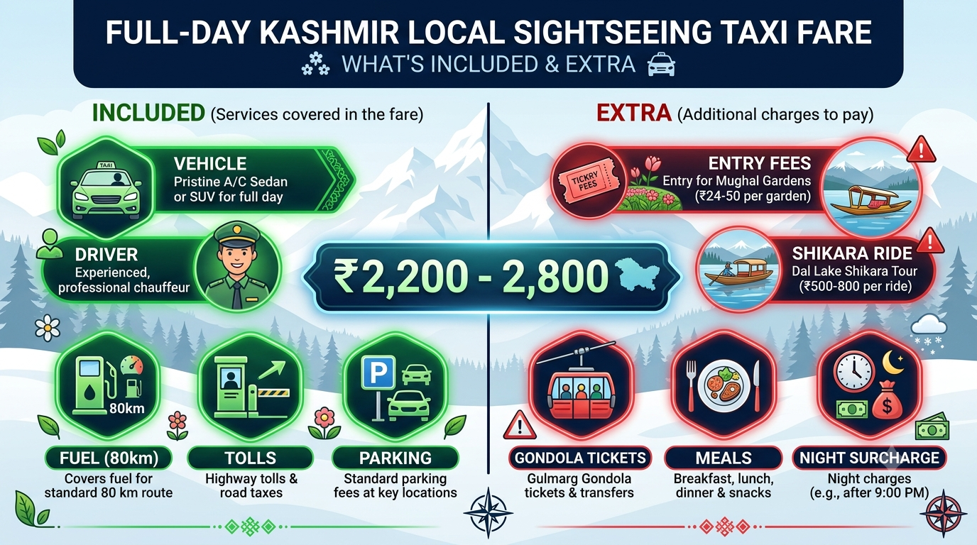 Infographic showing what is included and extra in Kashmir local sightseeing taxi fare 2026