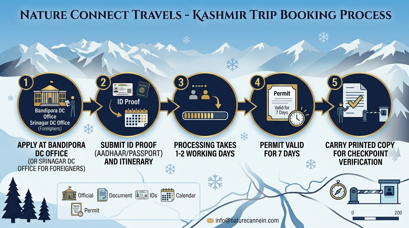 Srinagar to Gurez Valley SUV Cab Fare 2026 | ₹13,000+ Nature 10 Inner Line Permit process infographic for Gurez Valley showing Bandipora DC office application steps