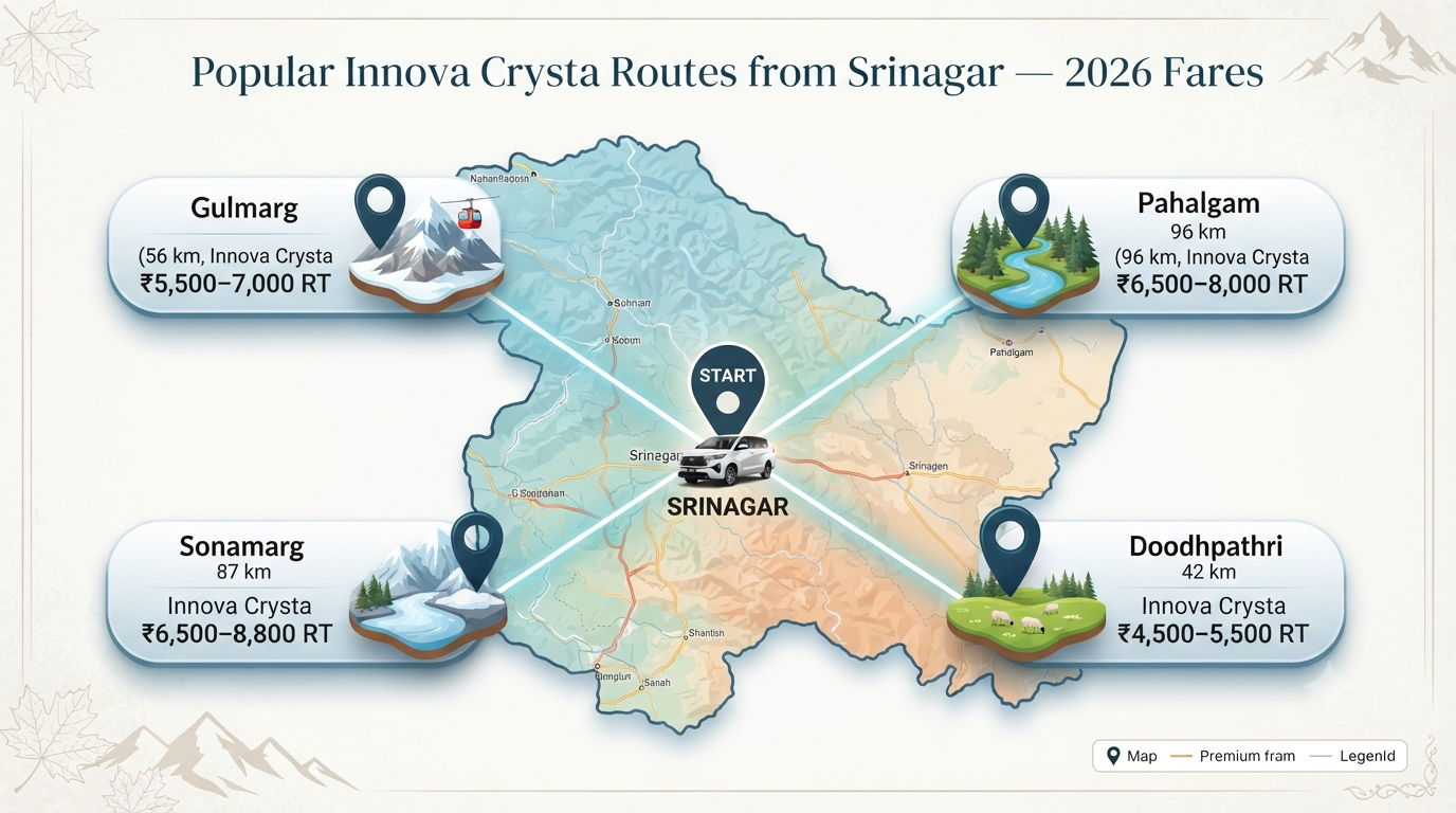 Innova Crysta Kashmir 2026 | Rates, Routes & Booking 9 Innova Crysta in Kashmir - popular routes infographic Gulmarg Pahalgam Sonamarg Doodhpathri with fares from Srinagar