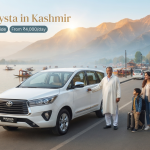 Innova Crysta in Kashmir - white Toyota Innova Crysta with driver on Boulevard Road along Dal Lake for family travel