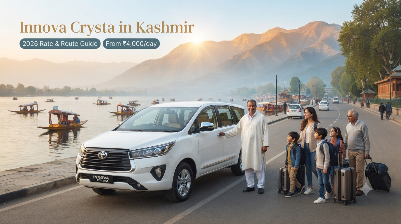 Innova Crysta in Kashmir - white Toyota Innova Crysta with driver on Boulevard Road along Dal Lake for family travel