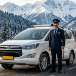Innova Crysta rental Kashmir with Nature Connect Travels showing premium 7-seater vehicle with chauffeur against Himalayan backdrop