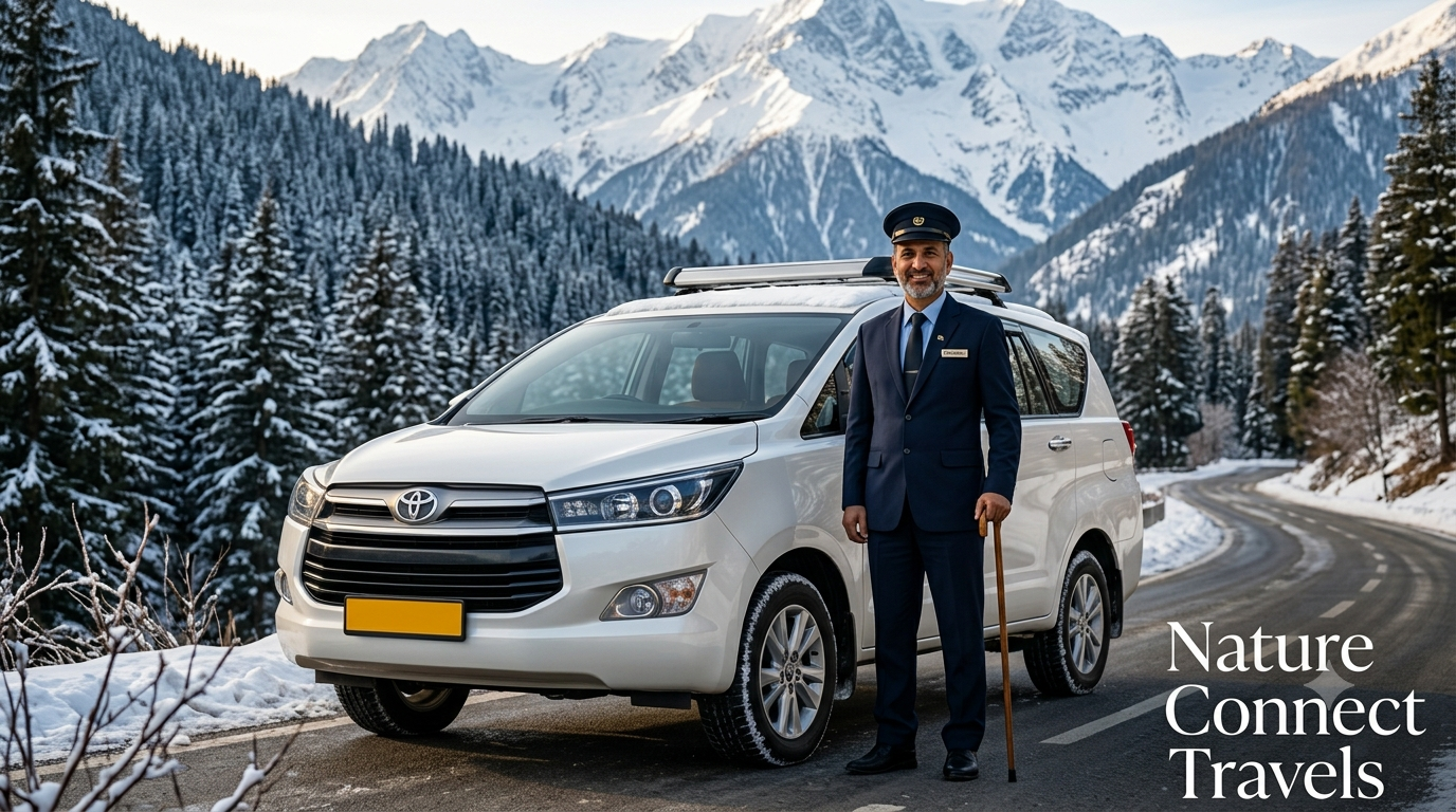 Innova Crysta rental Kashmir with Nature Connect Travels showing premium 7-seater vehicle with chauffeur against Himalayan backdrop