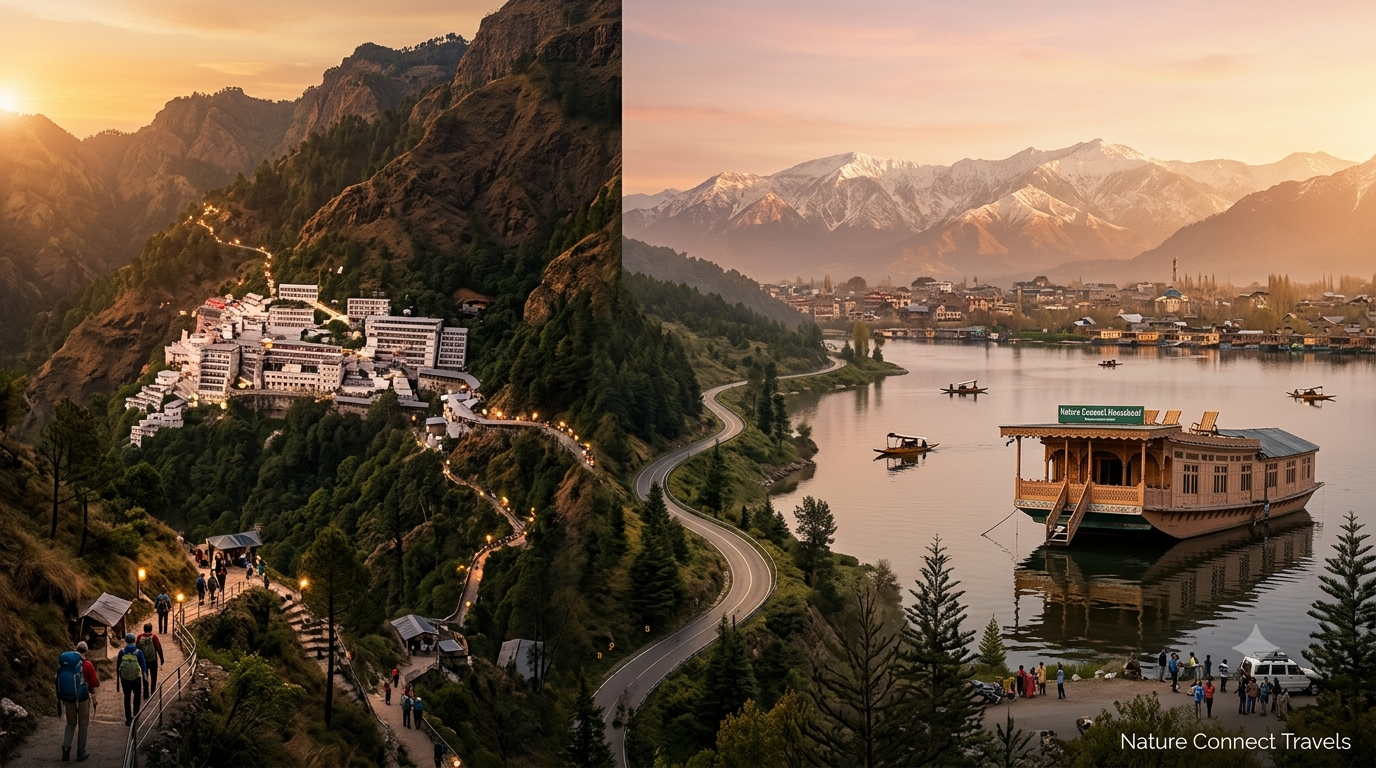 Jammu Kashmir tour package by Nature Connect Travels showing Vaishno Devi shrine and Dal Lake houseboat