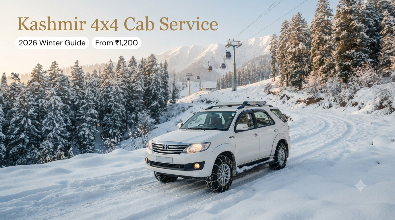 Kashmir 4x4 cab service - 4x4 SUV with snow chains driving up snow-covered Tangmarg to Gulmarg road through frosted deodar trees