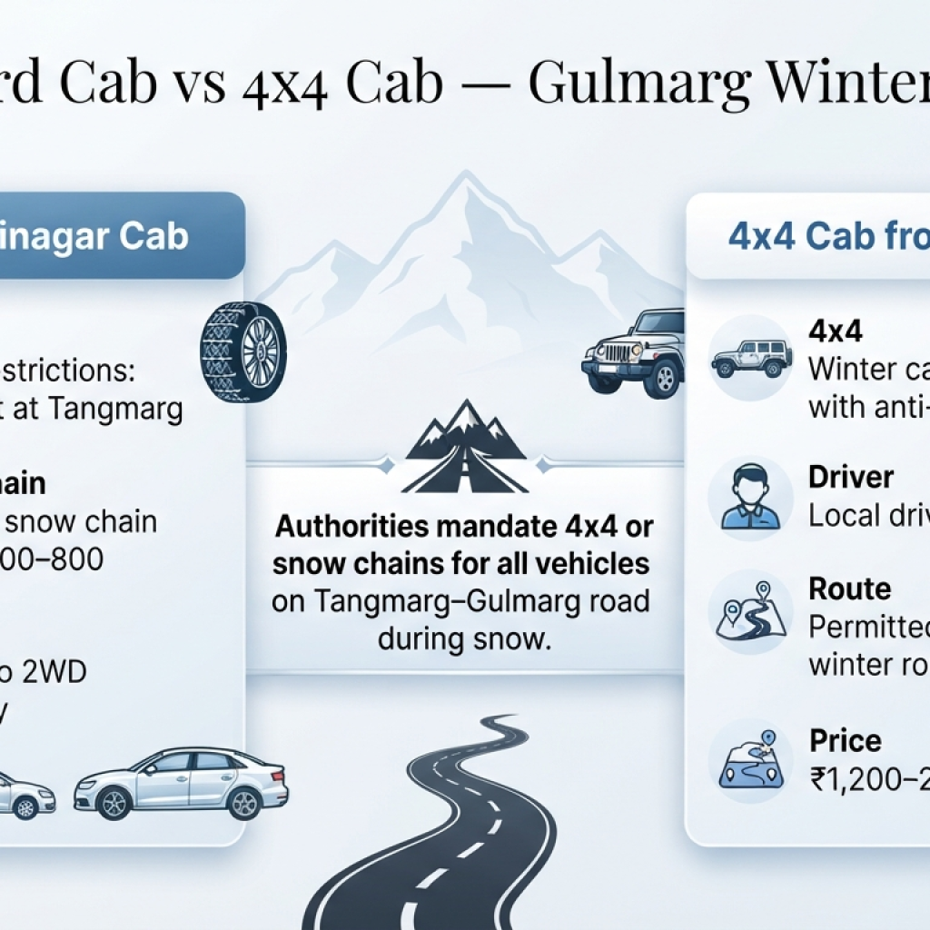 Kashmir 4x4 cab service comparison infographic standard cab vs 4x4 cab for winter Gulmarg snow travel